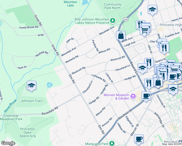 map of restaurants, bars, coffee shops, grocery stores, and more near 79 Lafayette Road in Princeton