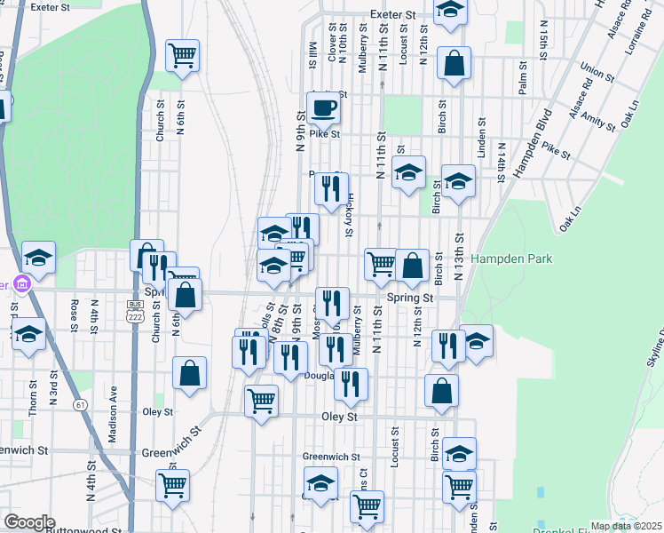 map of restaurants, bars, coffee shops, grocery stores, and more near 1048 North 10th Street in Reading
