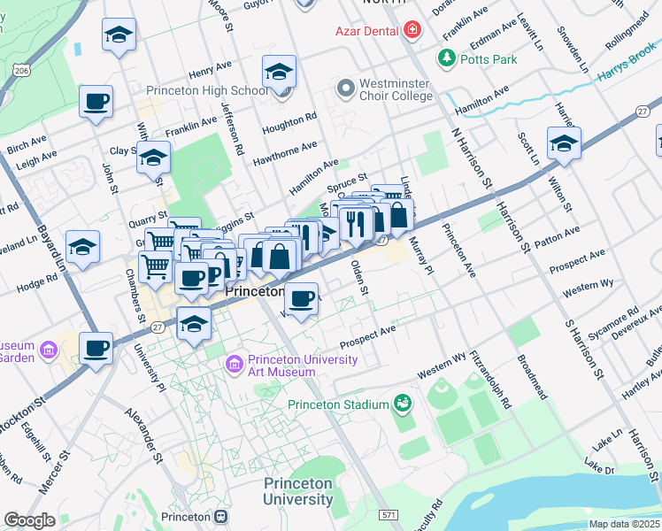 map of restaurants, bars, coffee shops, grocery stores, and more near 213 Nassau Street in Princeton