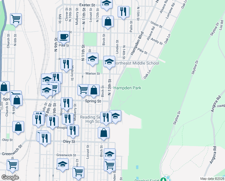 map of restaurants, bars, coffee shops, grocery stores, and more near 1244 Robeson Street in Reading