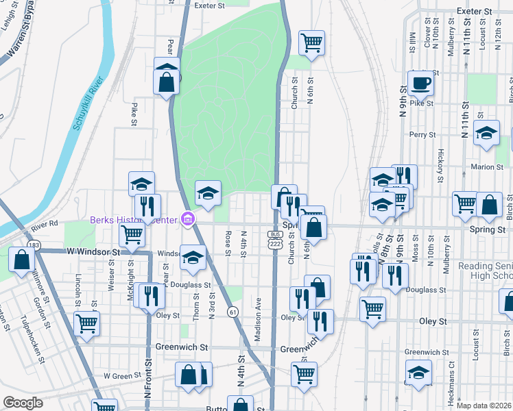 map of restaurants, bars, coffee shops, grocery stores, and more near 1048 Madison Avenue in Reading