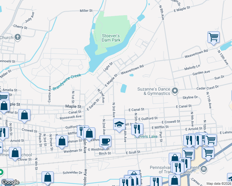 map of restaurants, bars, coffee shops, grocery stores, and more near 712 North 3rd Avenue in Lebanon