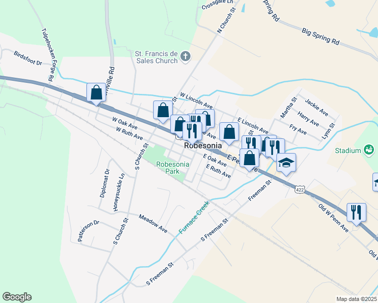 map of restaurants, bars, coffee shops, grocery stores, and more near 2 Penn Avenue in Robesonia