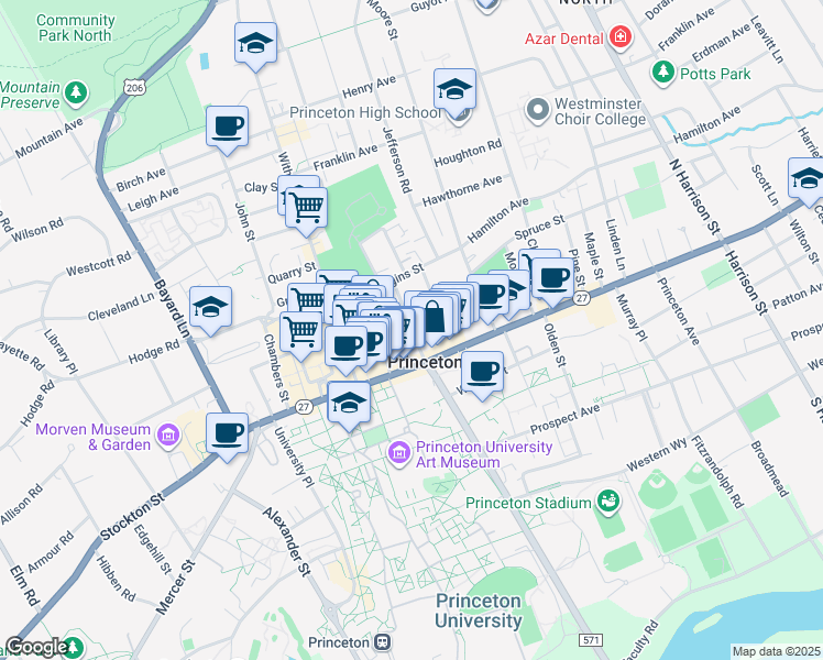 map of restaurants, bars, coffee shops, grocery stores, and more near Vandeventer Ave & Park Pl in Princeton