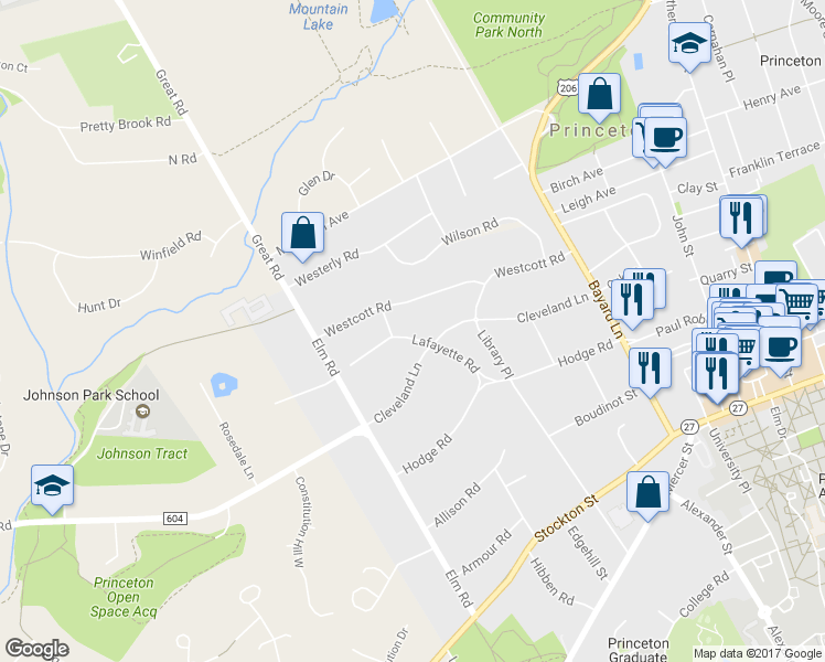 map of restaurants, bars, coffee shops, grocery stores, and more near 79 Lafayette Road in Princeton