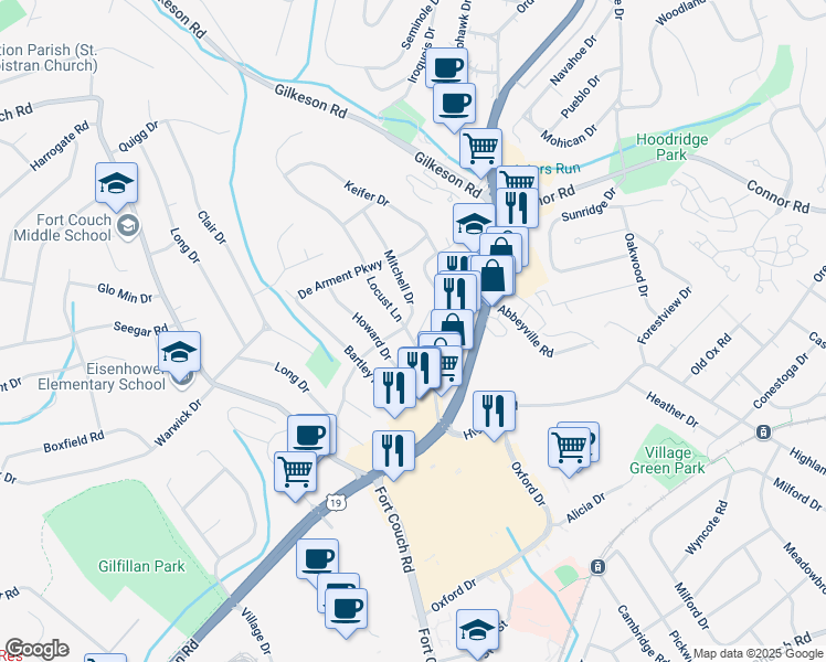 map of restaurants, bars, coffee shops, grocery stores, and more near 2 Mitchell Drive in Pittsburgh