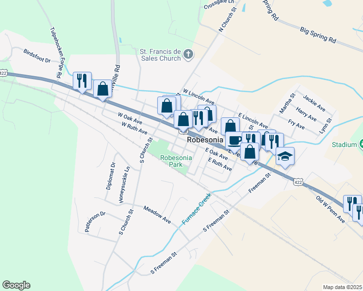 map of restaurants, bars, coffee shops, grocery stores, and more near 33 West Ruth Avenue in Robesonia