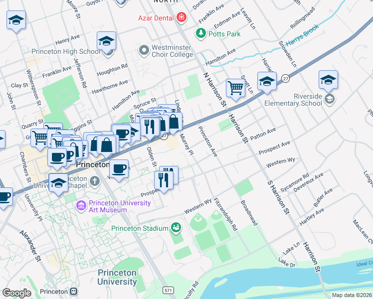 map of restaurants, bars, coffee shops, grocery stores, and more near 35 Murray Place in Princeton