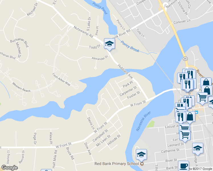 map of restaurants, bars, coffee shops, grocery stores, and more near 76 Manning Street in Red Bank
