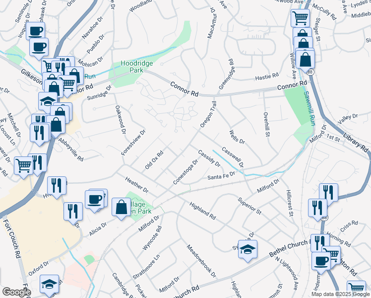map of restaurants, bars, coffee shops, grocery stores, and more near 31 Oregon Trail in Bethel Park