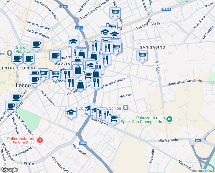 map of restaurants, bars, coffee shops, grocery stores, and more near 38 Via Giovanni Gentile in Lecce