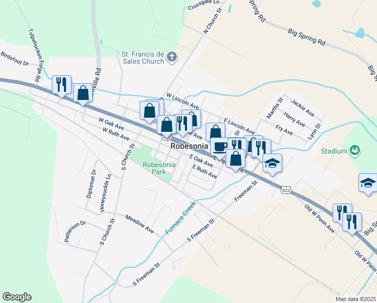 map of restaurants, bars, coffee shops, grocery stores, and more near 10 East Penn Avenue in Robesonia