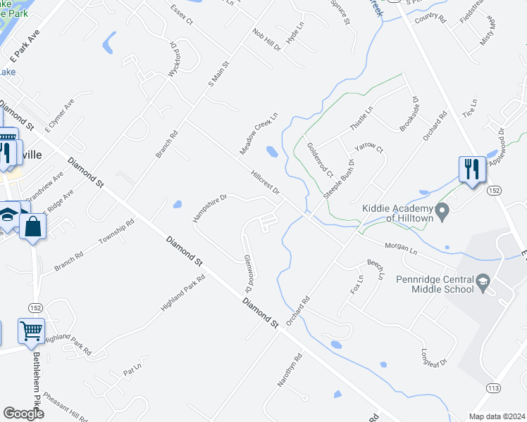 map of restaurants, bars, coffee shops, grocery stores, and more near 143 Glenwood Drive in Sellersville