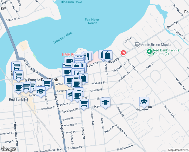 map of restaurants, bars, coffee shops, grocery stores, and more near 60 Mechanic Street in Red Bank