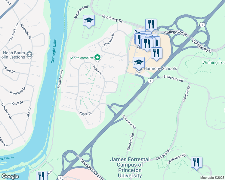 map of restaurants, bars, coffee shops, grocery stores, and more near 2214 Sayre Drive in Princeton