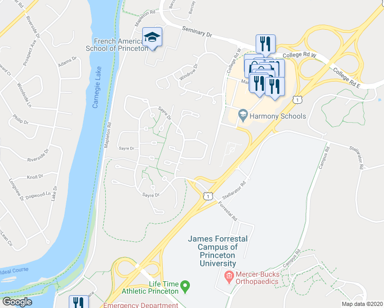 map of restaurants, bars, coffee shops, grocery stores, and more near 1301 Sayre Drive in Princeton