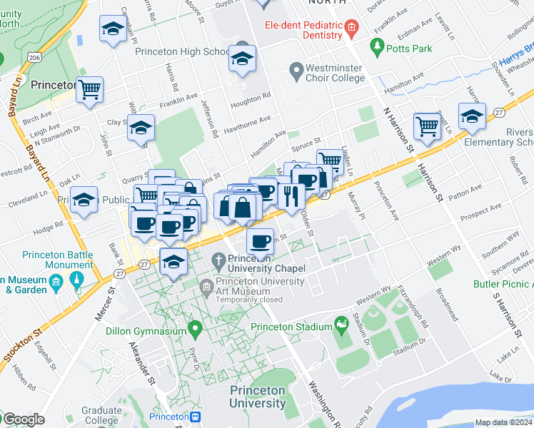 map of restaurants, bars, coffee shops, grocery stores, and more near 6 Moore Street in Princeton