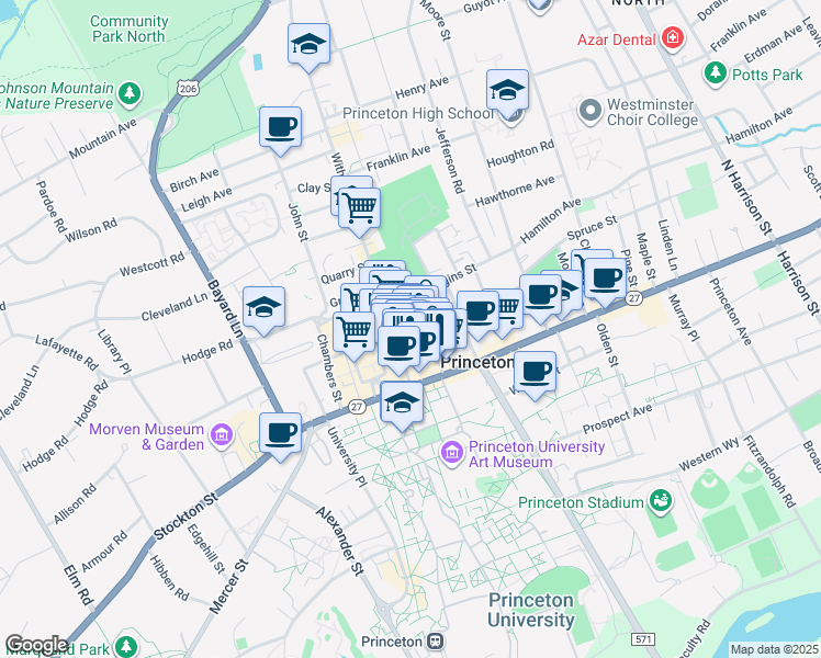 map of restaurants, bars, coffee shops, grocery stores, and more near 28 Spring Street in Princeton
