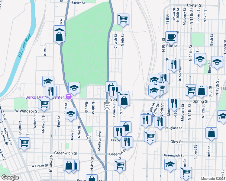 map of restaurants, bars, coffee shops, grocery stores, and more near 1042 Church Street in Reading