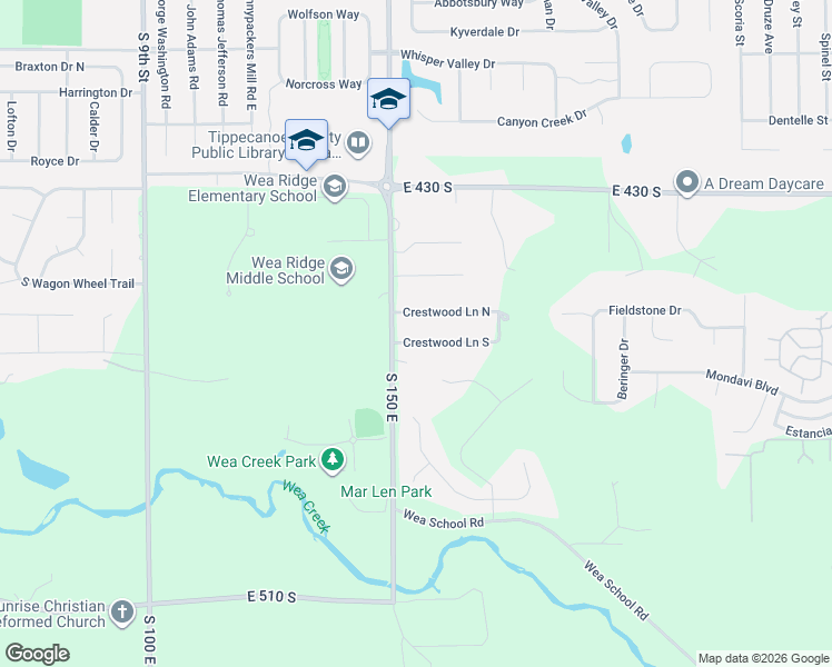 map of restaurants, bars, coffee shops, grocery stores, and more near 1584 Crestwood Lane South in Lafayette
