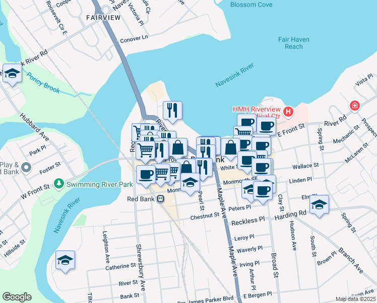 map of restaurants, bars, coffee shops, grocery stores, and more near 31 Riverside Avenue in Red Bank