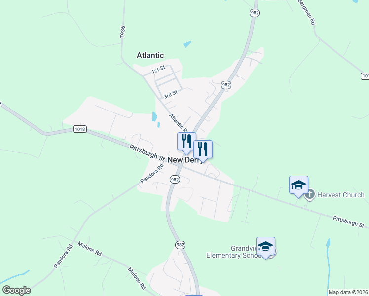 map of restaurants, bars, coffee shops, grocery stores, and more near 5727 Pennsylvania 982 in New Derry