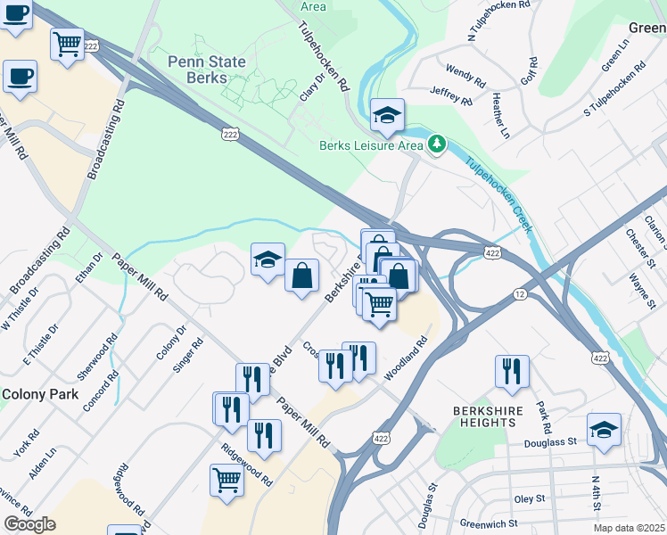 map of restaurants, bars, coffee shops, grocery stores, and more near 301 Peters Way in Wyomissing