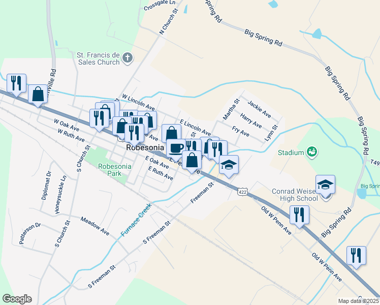 map of restaurants, bars, coffee shops, grocery stores, and more near 31 North Wayne Street in Robesonia