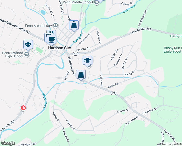map of restaurants, bars, coffee shops, grocery stores, and more near 5 Marie Drive in Jeannette