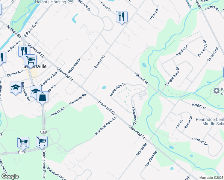 map of restaurants, bars, coffee shops, grocery stores, and more near 222 Hampshire Drive in Sellersville