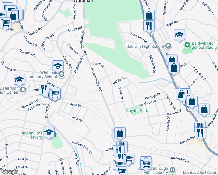 map of restaurants, bars, coffee shops, grocery stores, and more near 4932 Carlyn Drive in Pittsburgh