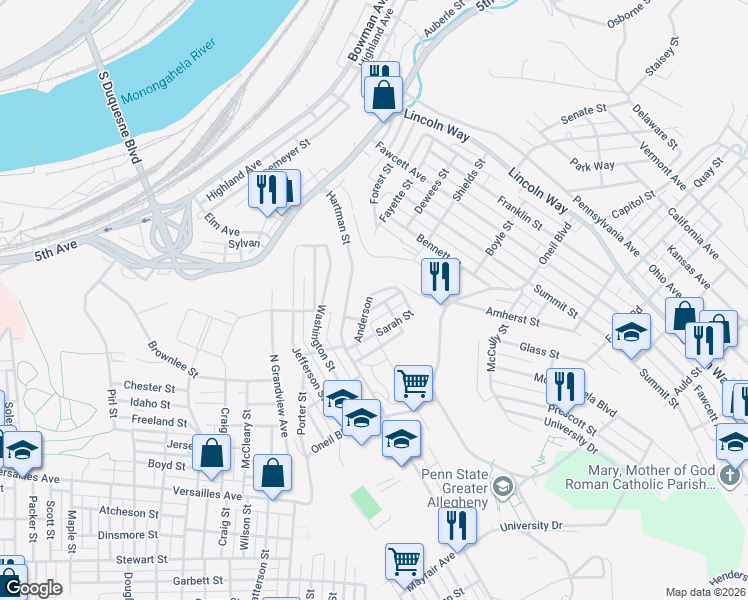 map of restaurants, bars, coffee shops, grocery stores, and more near 3830 Anderson in McKeesport