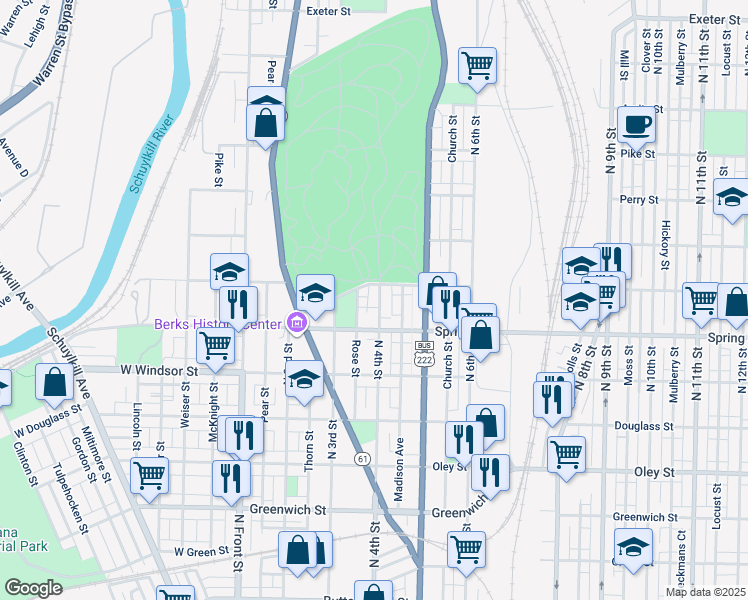 map of restaurants, bars, coffee shops, grocery stores, and more near 1038 North 4th Street in Reading