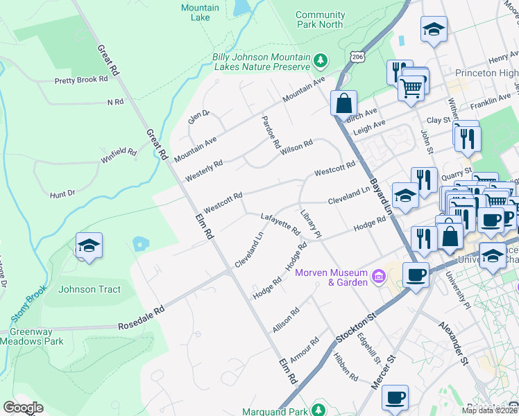 map of restaurants, bars, coffee shops, grocery stores, and more near 79 Lafayette Road in Princeton