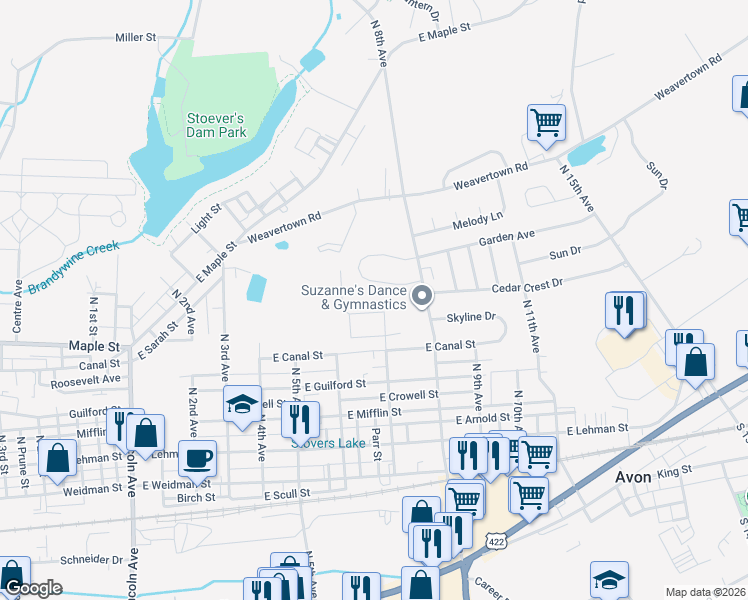 map of restaurants, bars, coffee shops, grocery stores, and more near 7R David Drive in Lebanon