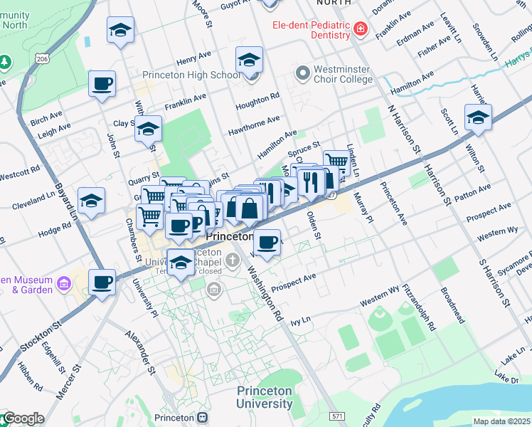 map of restaurants, bars, coffee shops, grocery stores, and more near 6 Moore Street in Princeton