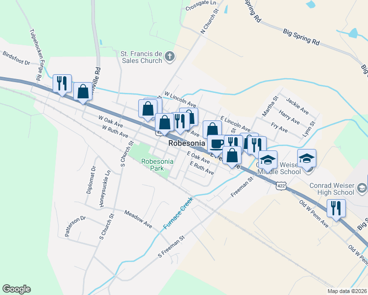 map of restaurants, bars, coffee shops, grocery stores, and more near in Robesonia