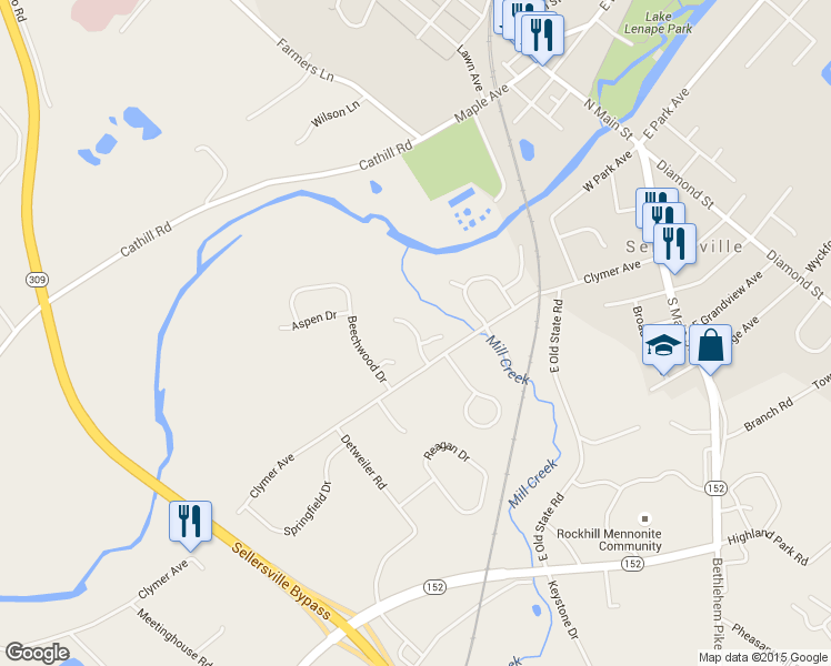 map of restaurants, bars, coffee shops, grocery stores, and more near 1130 Millcreek Road in Sellersville