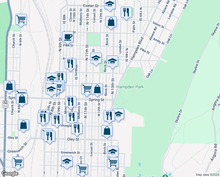 map of restaurants, bars, coffee shops, grocery stores, and more near 1236 Robeson Street in Reading