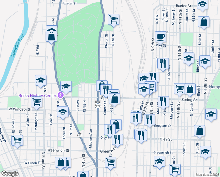 map of restaurants, bars, coffee shops, grocery stores, and more near 1054A North 6th Street in Reading