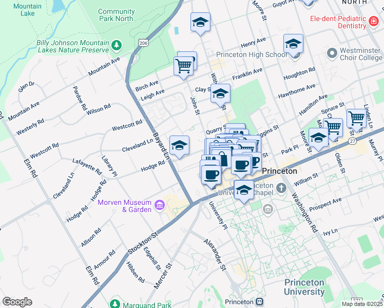 map of restaurants, bars, coffee shops, grocery stores, and more near 25 Paul Robeson Place in Princeton