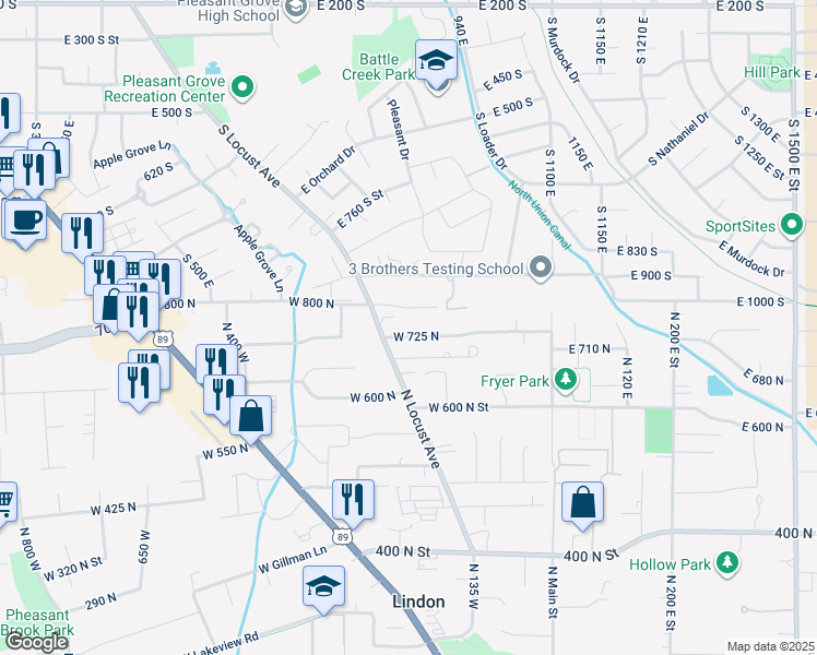map of restaurants, bars, coffee shops, grocery stores, and more near 250 West 725 North in Lindon