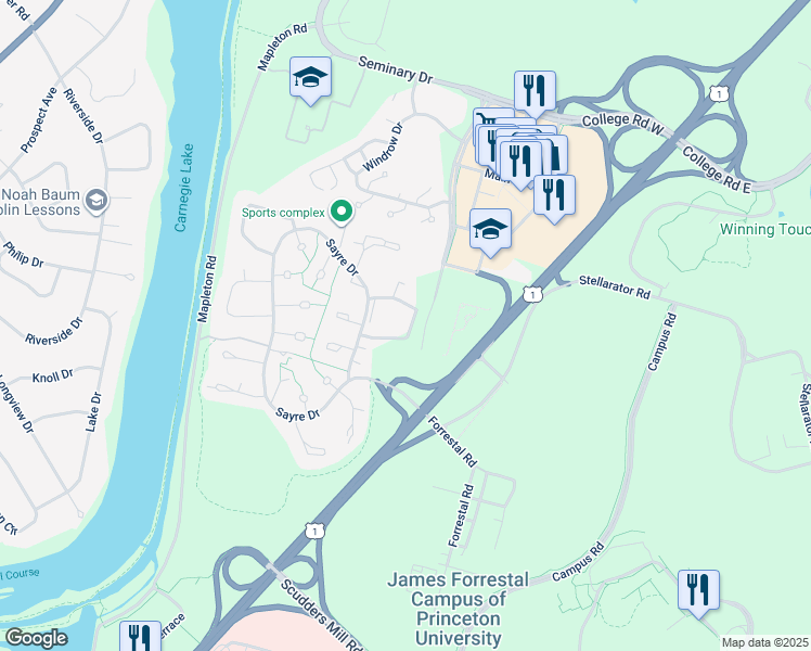 map of restaurants, bars, coffee shops, grocery stores, and more near 2214 Sayre Drive in Princeton