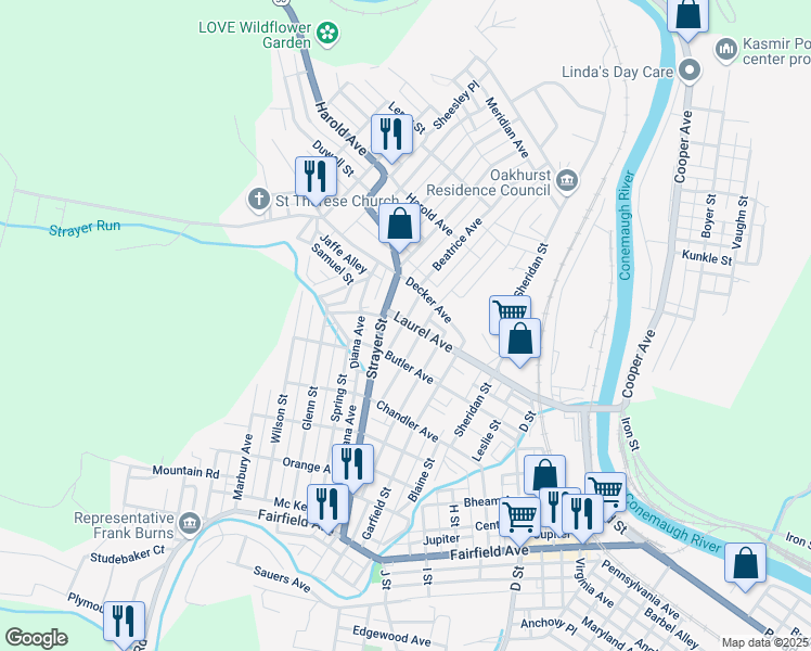 map of restaurants, bars, coffee shops, grocery stores, and more near 321 Laurel Avenue in Johnstown