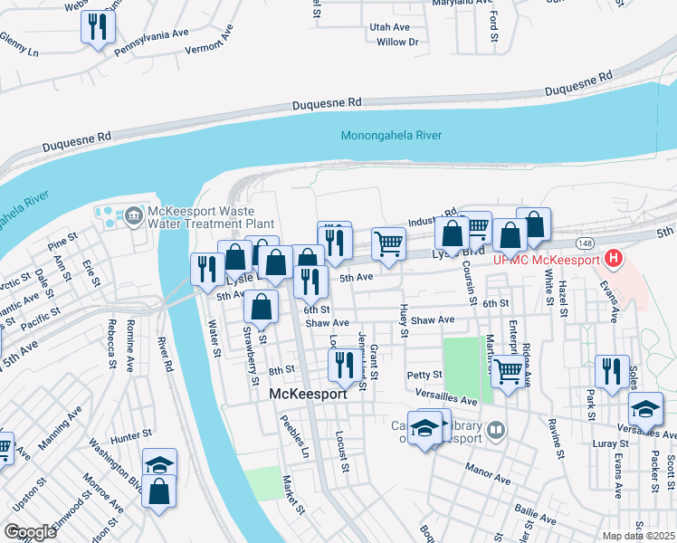 map of restaurants, bars, coffee shops, grocery stores, and more near 400 Lysle Boulevard in McKeesport