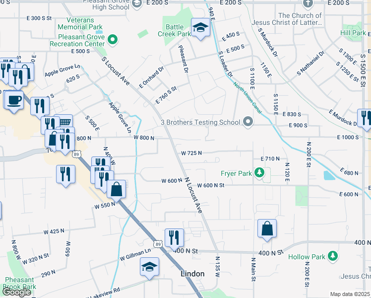map of restaurants, bars, coffee shops, grocery stores, and more near 264 West 725 North in Lindon