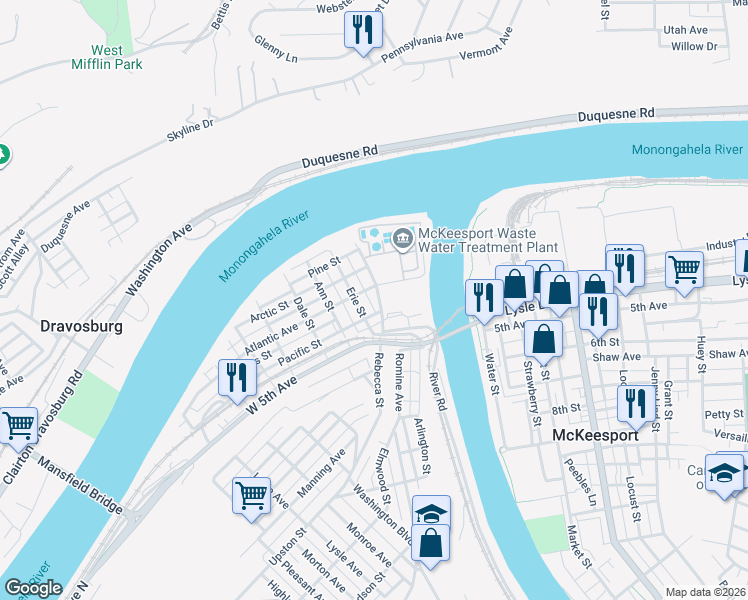 map of restaurants, bars, coffee shops, grocery stores, and more near 308 Rebecca Street in McKeesport