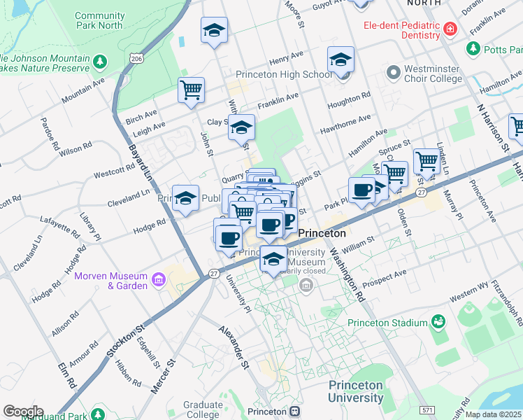 map of restaurants, bars, coffee shops, grocery stores, and more near 66 Witherspoon Street in Princeton