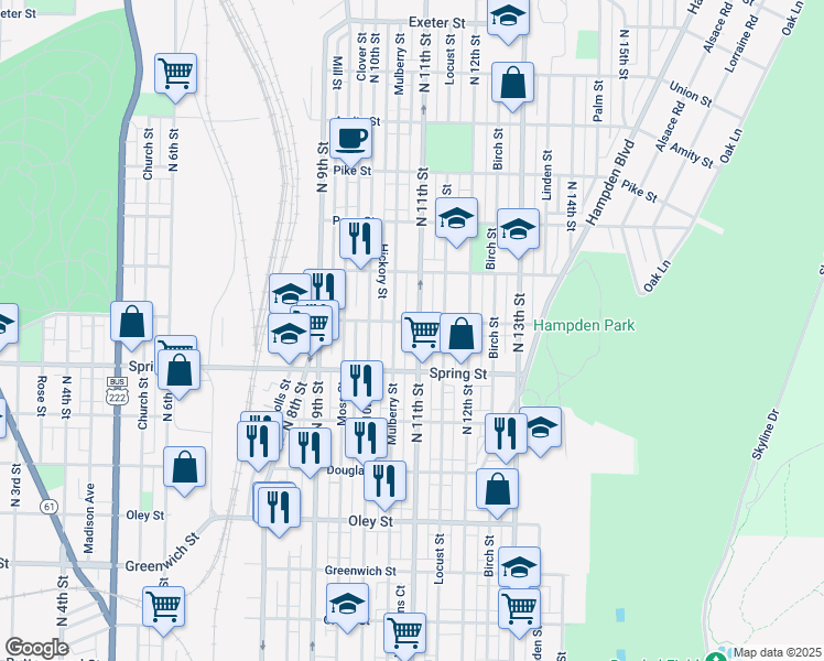 map of restaurants, bars, coffee shops, grocery stores, and more near 1052 North 11th Street in Reading