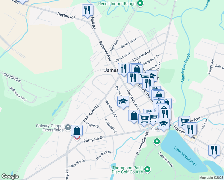 map of restaurants, bars, coffee shops, grocery stores, and more near 66 Half Acre Road in Jamesburg
